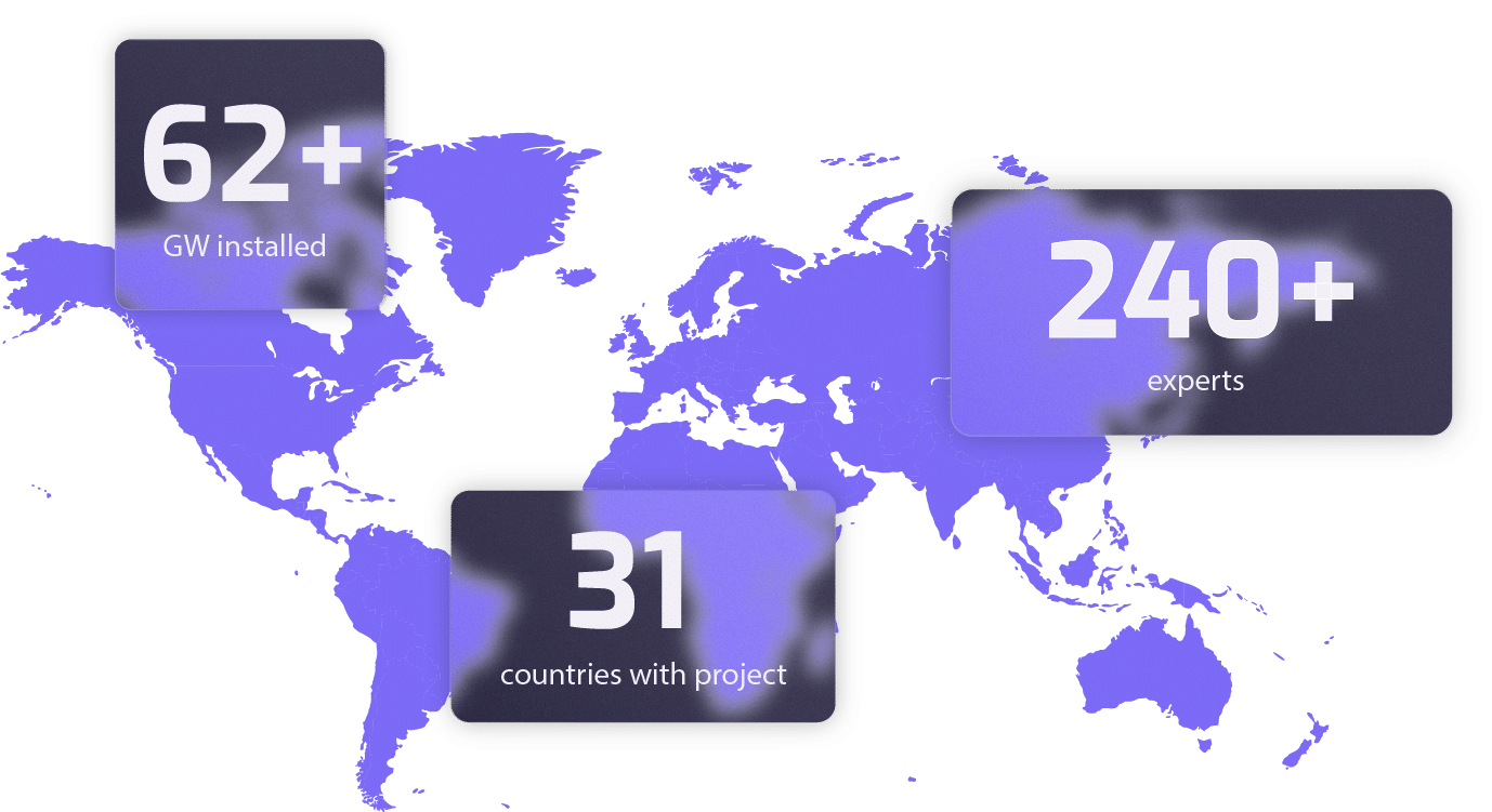 World map with highlighted countries, showing the number of GW installed and experts in each region