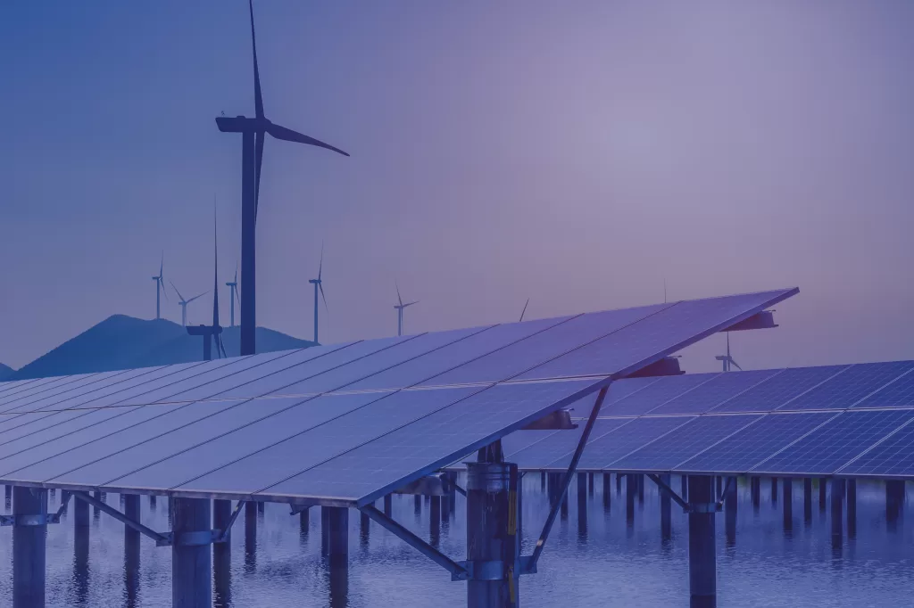 Solar monitoring software with windmills in the background, overlaid with a purple opoura filter