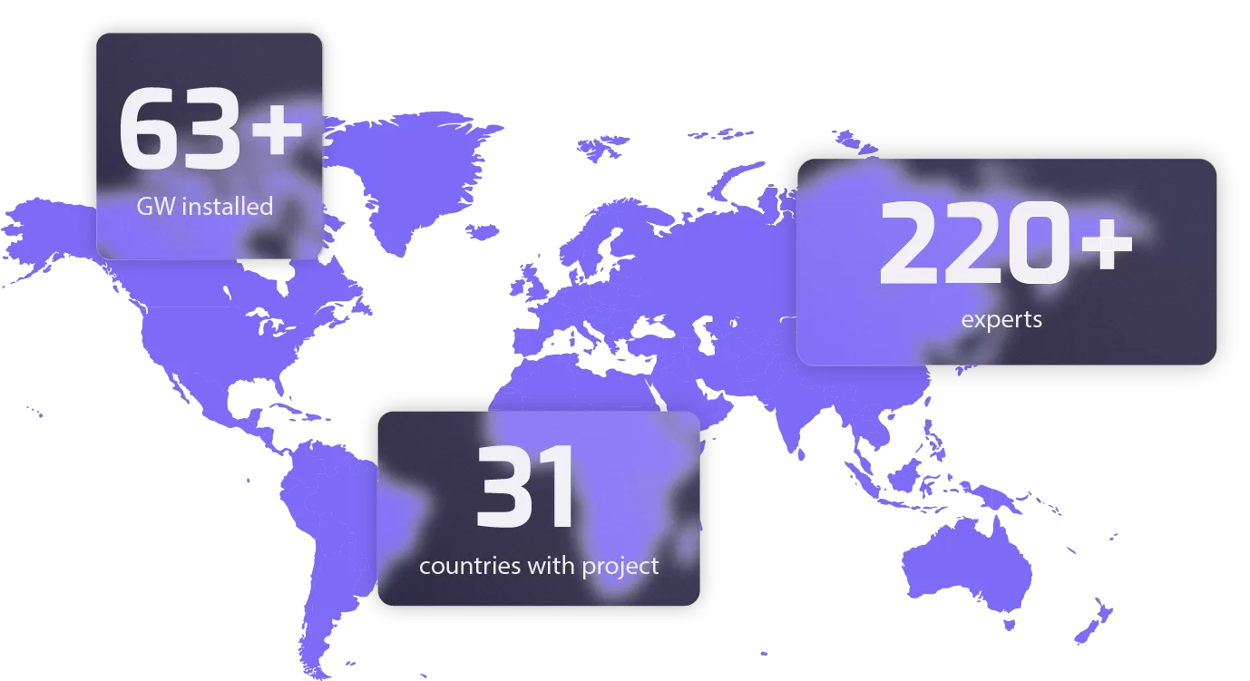 World map displaying Opoura’s total installed gigawatts, number of projects, and expert distribution
