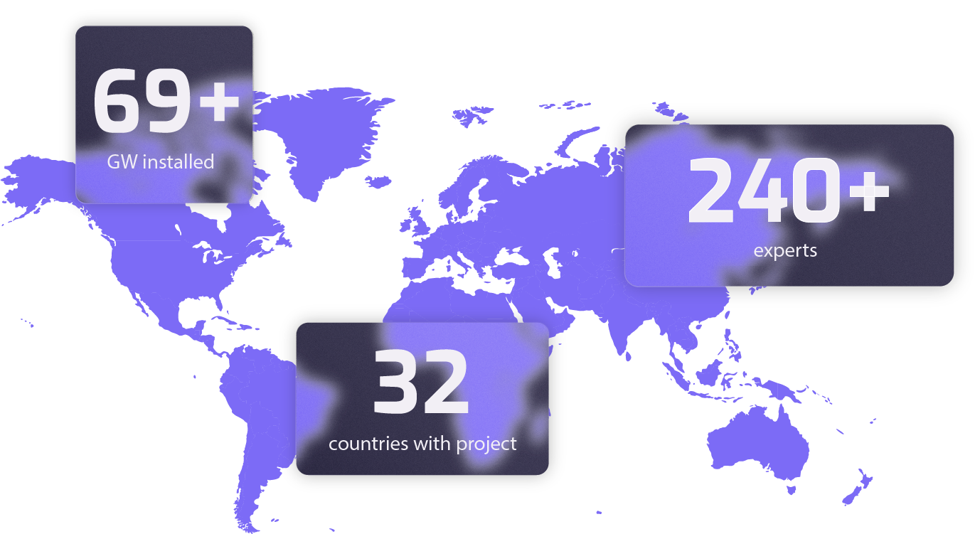 World map displaying Opoura’s total installed gigawatts, number of projects, and expert distribution
