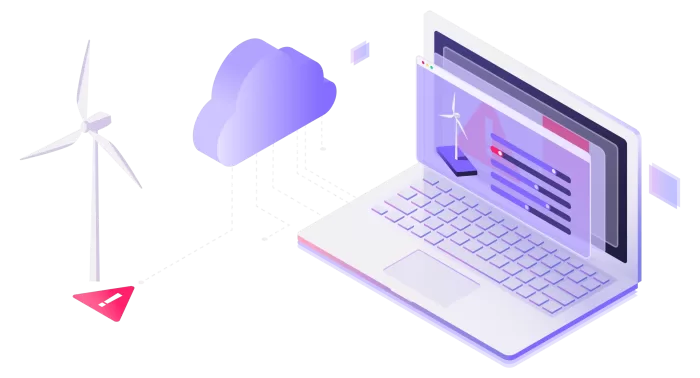 Graphic illustrating predictive maintenance for wind turbines, featuring a computer, turbine, and cloud elements